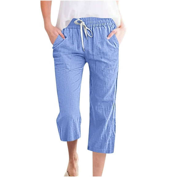gbyLJF Women's Linen Capri Pants Solid Color Elastic Waist Drawstring Tie Straight Leg Pants Baggy Casual Capris A01_Sky Blue 3XL