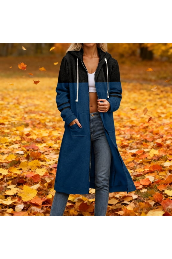 Women's Long Hoodie Jacket Casual Color Blocked Long Sleeve Coats Drawstring Zip Up Hooded Cardigan with Pockets