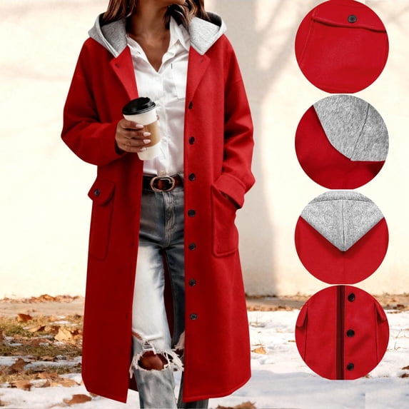 gbyLJF Women's Long Hoodie Jacket Solid Color Long Sleeve Woolen Hooded Cardigan Single Breasted Overcoat with Pockets