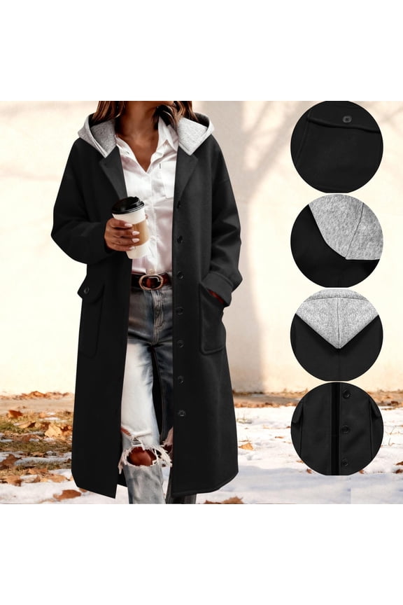 Women's Long Hoodie Jacket Solid Color Long Sleeve Woolen Hooded Cardigan Single Breasted Overcoat with Pockets