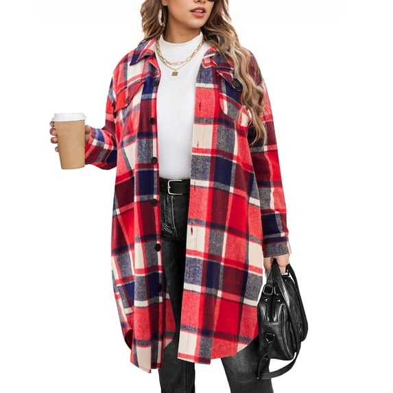 gbyLJF Women's Long Plaid Lapel Shacket Button Down Loose Casual Flannel Coat Dressy Elegant Fall Winter Jacket with Pockets