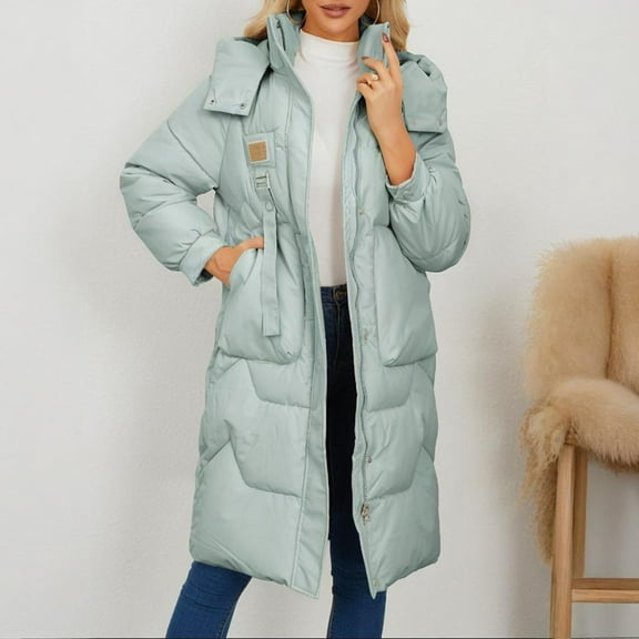 gbyLJF Women's Long Puffer Coat Solid Color Thickened Fleece Full Zip Hooded Down Jackets Winter Warm Outwear Jackets with Pockets