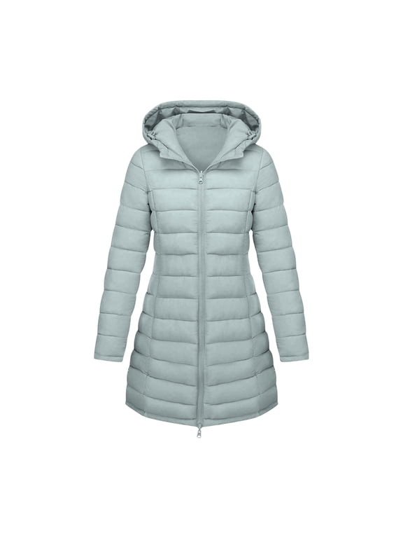 Women's Long Puffer Jacket Solid Color Full Zip Warm Down Jackets Casual Long Sleeve Hooded Padded Jacket Winter Coat