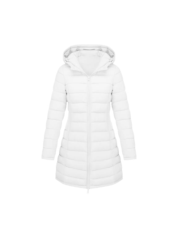 Women's Long Puffer Jacket Solid Color Full Zip Warm Down Jackets Casual Long Sleeve Hooded Padded Jacket Winter Coat