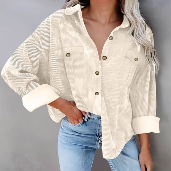 gbyLJF Women's Long Sleeve Blouse Solid Color Lapel Button Up Shirts Casual Loose Fit Double Pocket Open Front Tops