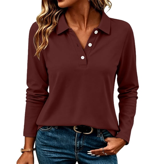 gbyLJF Women's Long Sleeve Collared Shirt Fall V Neck Button Down Business Tops Casual Work Basic Golf Tee