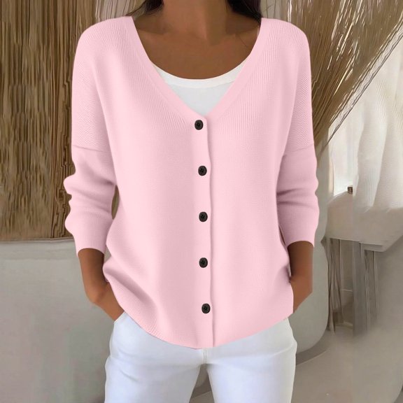 gbyLJF Women's Long Sleeve Knitted Cardigan Solid Color V-neck Button Down Blouse Tops Lightweight Soft Comfy Open Front Sweaters