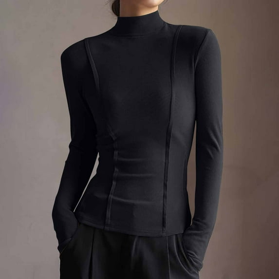 gbyLJF Women's Long Sleeve Pullover Shirt Solid Color Semi-high-neck Tops Casual Fashion Slim Fit Tees Shirts