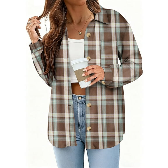 gbyLJF Women's Long Sleeve Shirt Button Down Turndown Collar Loose Fit Blouse Lightweight Multi-color Checkered Printed Cardigan