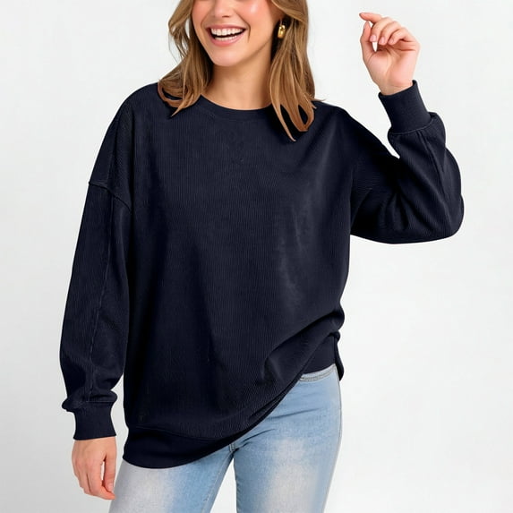 gbyLJF Women's Long Sleeve Top Solid Color Round Neck Loose Comfy Sweatshirt Casual Basics Pullover Sweaters for Women