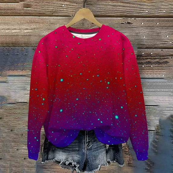 gbyLJF Women's Long Sleeve Tops Cute Gradient Printed Round Neck Sweater Casual Loose Fit Lightweight Pullover Shirts