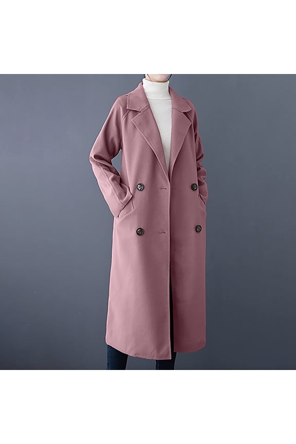 Women's Long Woolen Coat Double Breasted Jacket with Pockets Fall Winter Fashion Notch Lapel Coats