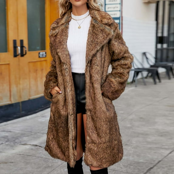 gbyLJF Women's Luxury Faux Fur Coat Jacket Winter Warm Long Coats Outerwear Cardigan Ladies Street Clothes A02_Brown 3XL