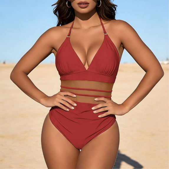 gbyLJF Women's Mesh One Piece Swimsuit Solid Color Bathing Suit Halter-neck Swim Suit Slim Fit Lace-up Swimwear