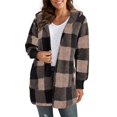 thumbnail image 1 of gbyLJF Women's Mid-Length Plaid Fuzzy Cardigan Open Front Cozy Fleece Jacket Fall Winter Warm Checked Coat with Hood, 1 of 7