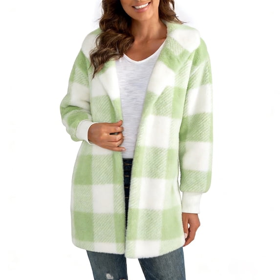 gbyLJF Women's Mid-Length Plaid Fuzzy Cardigan Open Front Cozy Fleece Jacket Fall Winter Warm Checked Coat with Hood