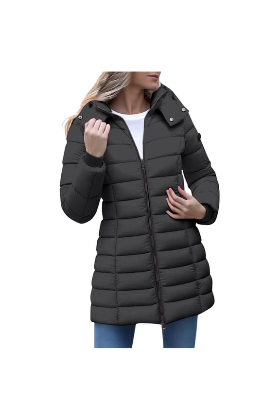 Women's Mid-length Down Jackets Lightweight Solid Color Long Sleeve Hooded Puffer Coats Winter Thickened Warm Zip Up Outwear