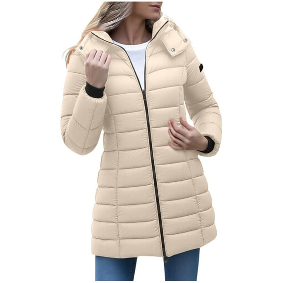 gbyLJF Women's Mid-length Down Jackets Lightweight Solid Color Long Sleeve Hooded Puffer Coats Winter Thickened Warm Zip Up Outwear