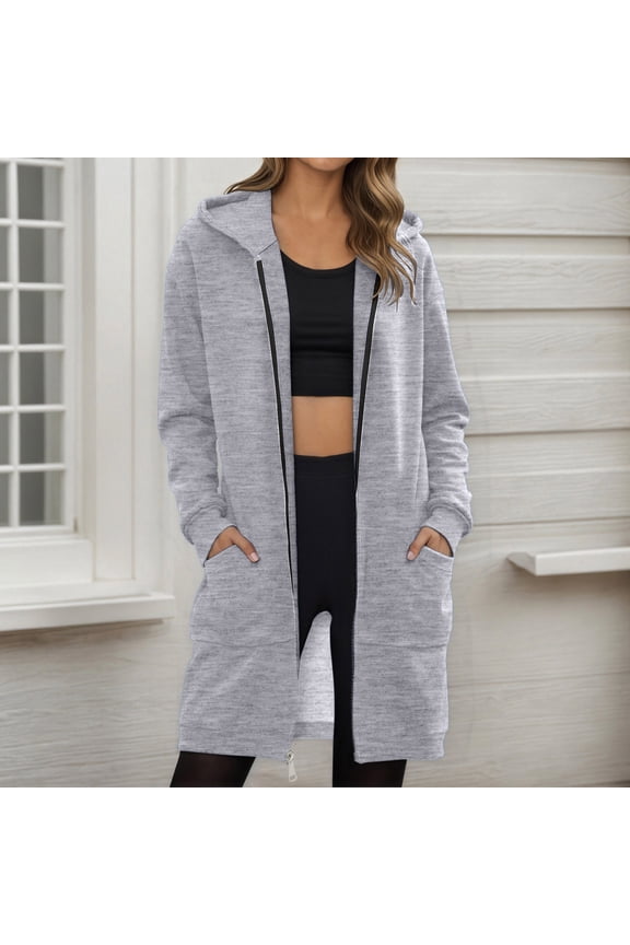 Women's Mid-length Hoodie Jackets Autumn Winter Casual Loose Sweatshirts Cardigan Solid Color Zipper Hooded Jacket with Pockets