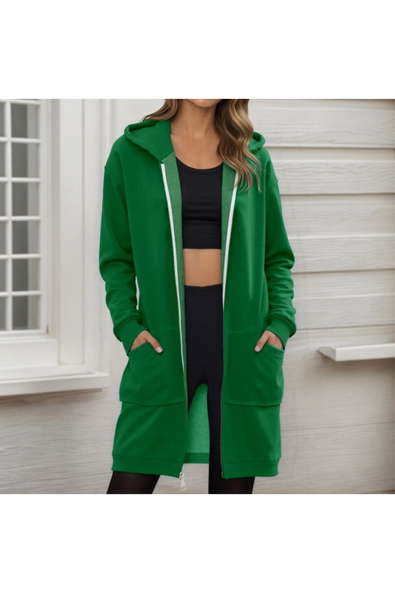 Women's Mid-length Hoodie Jackets Autumn Winter Casual Loose Sweatshirts Cardigan Solid Color Zipper Hooded Jacket with Pockets