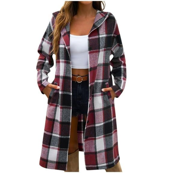 gbyLJF Women's Mid-length Woolen Cardigan Button Down Checkered Printed Jackets Casual Loose Fit Long Sleeve Hooded Coats with Pockets