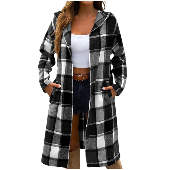 gbyLJF Women's Mid-length Woolen Cardigan Button Down Checkered Printed Jackets Casual Loose Fit Long Sleeve Hooded Coats with Pockets