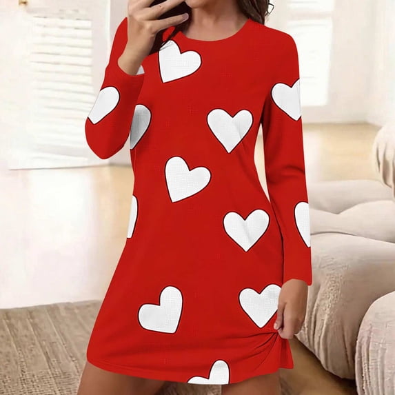 gbyLJF Women's Nightgown Round Neck Sleep Shirt Long Sleeve Pajama Dress Heart Printed Nightshirt Sleepwear Short Sleep Dress
