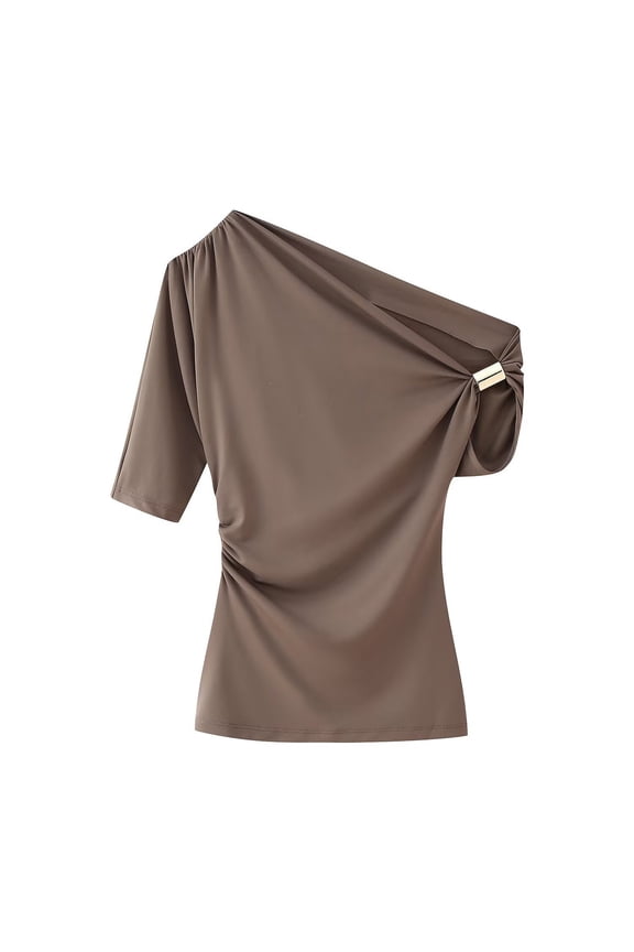 Women's One Shoulder Summer Tops Solid Color Slim Fit Ruched Asymmetrical Tops Dressy Casual Party Shirts