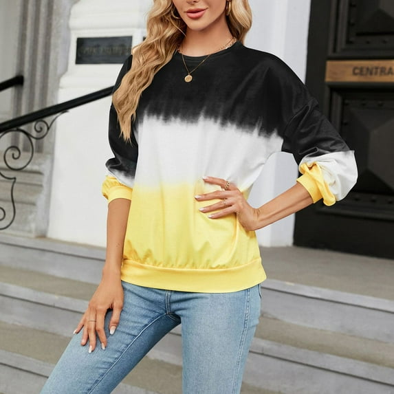 gbyLJF Women's Oversized Crew Neck Tie Dye Sweatshirts with No Hood Plus Size Casual Color Block Pullover Tops Black S