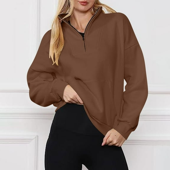 gbyLJF Women's Oversized Sweatshirt Stand-up Collar Long Sleeve Pullover Shirts Solid Color Casual Half-zipper Top with Large Pocket