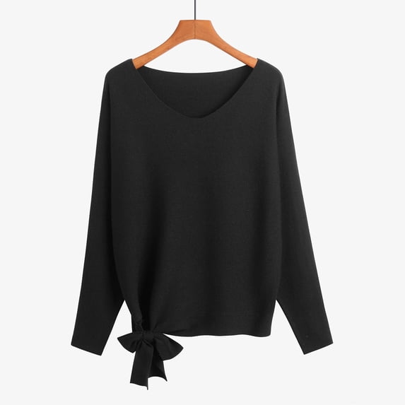 gbyLJF Women's Oversized V Neck Sweater Loose Fit Long Sleeve Side Tie Pullover Casual Soft Knit Tops Black,Free Size