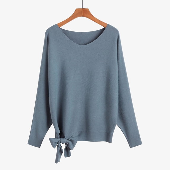 gbyLJF Women's Oversized V Neck Sweater Loose Fit Long Sleeve Side Tie Pullover Casual Soft Knit Tops Blue,Free Size