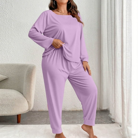 gbyLJF Women's Pajama Sets Solid Color Long-Sleeve Shirt and Long Pant 2 Piece Nightwear Plus Size Pajamas