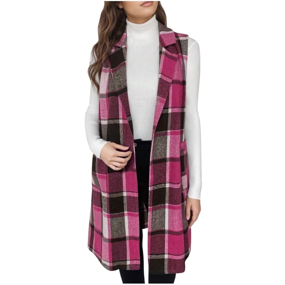 gbyLJF Women's Plaid Sleeveless Cardigan Mid-length Collared Open Front Vest Color Block Flannel Jacket with Pockets