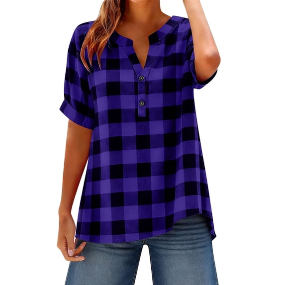 gbyLJF Women's Plaid V Neck Shirts Two Button Short Sleeve Blouse Casual Loose Fit Summer Tunic Tops