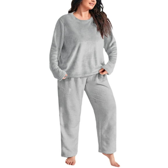 gbyLJF Women's Plus Size Pajama Set Round Neck Pullover Loose Trousers Winter Flannel Warm 2 Piece Set Pajamas and Pajama Pants