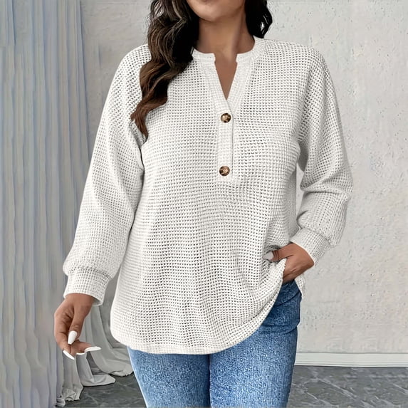 gbyLJF Women's Plus Size Waffleknit Tops Long Sleeve V-neck Pullover Shirts Casual Loose Fit Sweaters