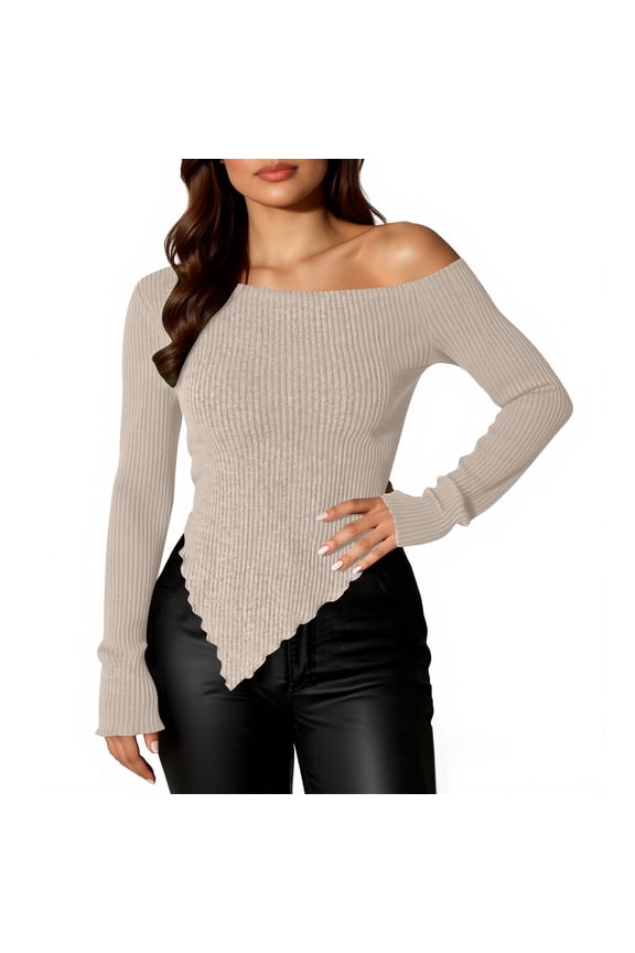 Women's Ribbed Knit Tops Slim Fit Off Shoulder Crop Top Lightweight Long Sleeve Sweaters with Asymmetrical Hem