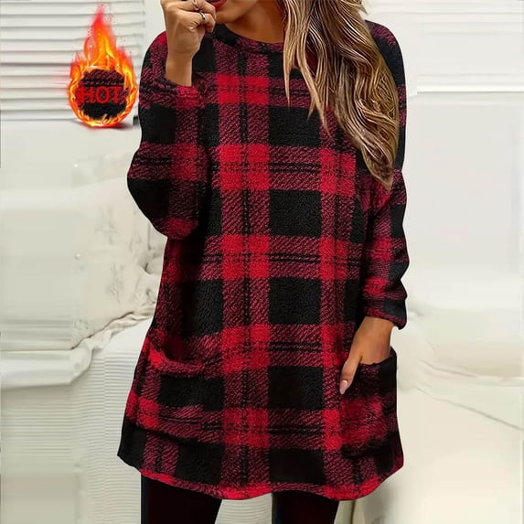 gbyLJF Women's Round Neck Tops Loose Soft Checked Printed Long Sleeve Pullover Thickened Fleece Warm Pocket Sweatshirts