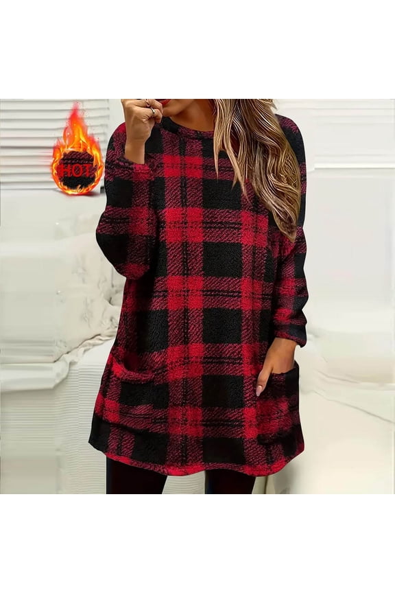 Women's Round Neck Tops Loose Soft Checked Printed Long Sleeve Pullover Thickened Fleece Warm Pocket Sweatshirts