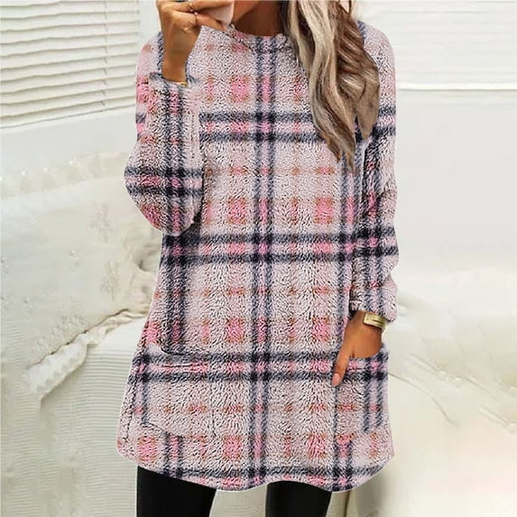 gbyLJF Women's Round Neck Tops Loose Soft Checked Printed Long Sleeve Pullover Thickened Fleece Warm Pocket Sweatshirts
