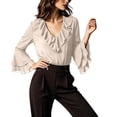 thumbnail image 1 of gbyLJF Women's Ruffle V Neck Chiffon Shirts Long Bell Sleeve Dressy Top Elegant Office Blouse Spring Fall Wear, 1 of 5