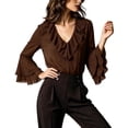thumbnail image 1 of gbyLJF Women's Ruffle V Neck Chiffon Shirts Long Bell Sleeve Dressy Top Elegant Office Blouse Spring Fall Wear, 1 of 5