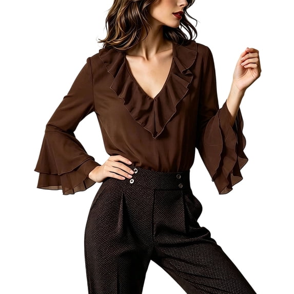 gbyLJF Women's Ruffle V Neck Chiffon Shirts Long Bell Sleeve Dressy Top Elegant Office Blouse Spring Fall Wear