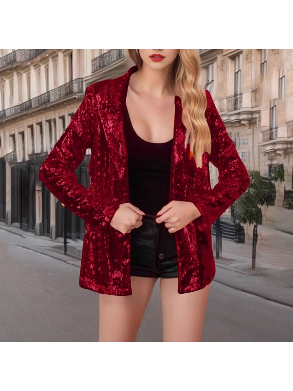 Women's Sequin Blazer Casual Glitter Lapel Open Front Cardigan Sparkly Party Performance Long Sleeve Jackets