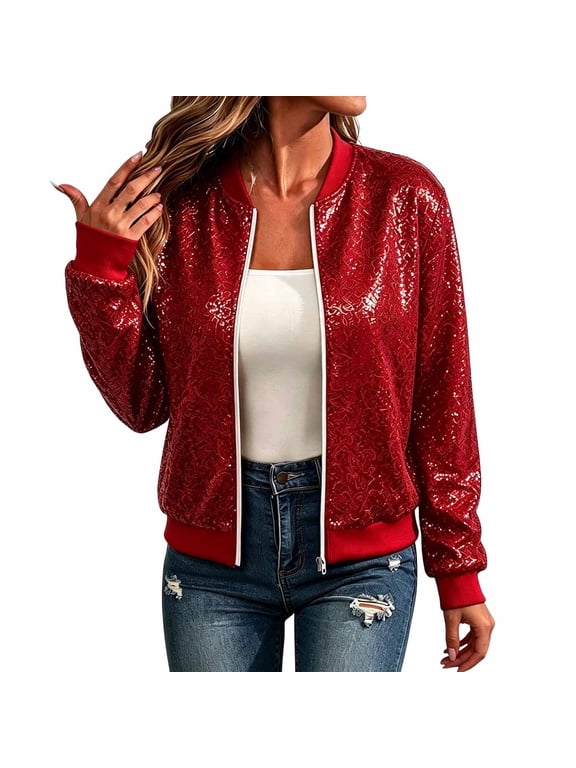Women's Sequin Bomber Jacket with Lined Long Sleeve Zip Up Coat Sparkly Glitter Winter Outerwear