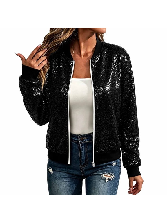 Women's Sequin Bomber Jacket with Lined Long Sleeve Zip Up Coat Sparkly Glitter Winter Outerwear