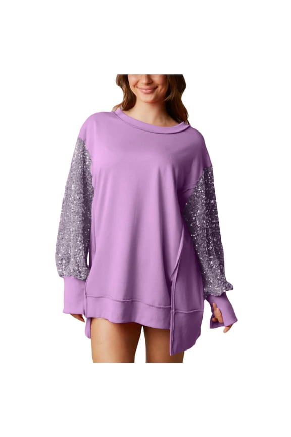 Women's Sequin Tops 2024 Trendy Sparkle Long Sleeve Pullover Sweatshirt Party Crewneck Loose Fit Shirts Purple XL