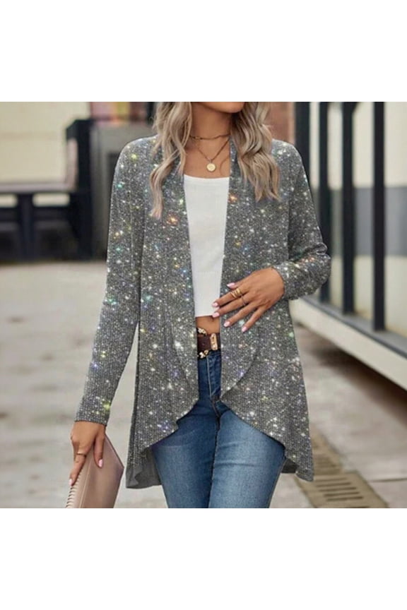 Women's Sequin Tops Long Sleeve Glitter Party Cardigan Open Front Disco Evening Club Concert Blouse