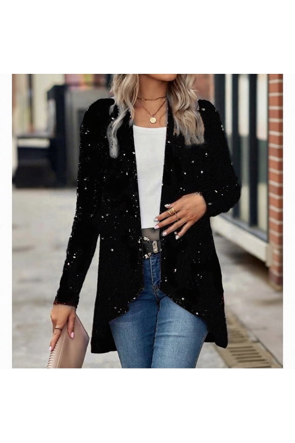 Women's Sequin Tops Long Sleeve Glitter Party Cardigan Open Front Disco Evening Club Concert Blouse